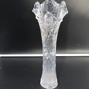 EAPGS Sunburst By McKee Pressed Clear Glass Swung Vase With Ruffled Top 13&quot;H