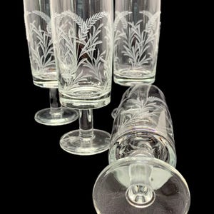 May include: Set of clear glass champagne flutes with etched wheat stalk design. The glasses have a tall, slender shape with a footed base. One glass is lying on its side. The background is black.