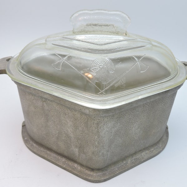 RARE Guardian Service Ware Aluminum Triangle 4 Quart Dome Cooker With Handles And Original Glass Lid With Embossed Roman Helmet and Pic Axe