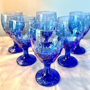 Libbey Cobalt Blue Embossed Dot Water Glasses Discontinued Set of 6