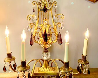 19th Century French Electric 4-Light Girandole With Brass Lyre Design and 81 Cut Crystals in Amethyst and Clear