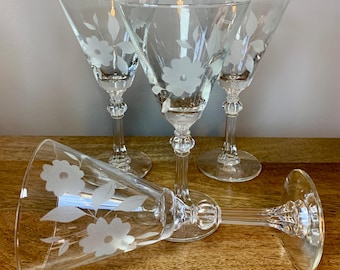Set of 4- Beautiful Gray Etched Floral Design Crystal Goblets