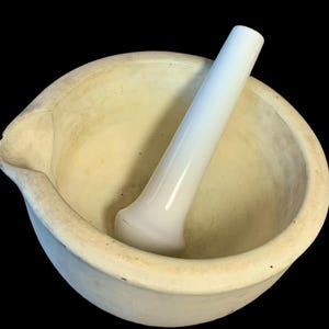 Antique/Vintage Large 9” Stoneware Drugstore Pharmaceutical Mortar and Pestle Stamped “Trade Mark”