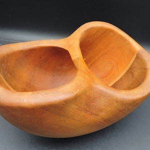 Unique MCM Hand Turned Carved Wooden Double Bowl