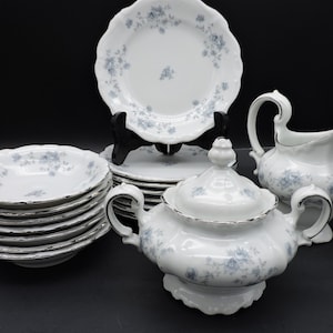 Johann Haviland Bavaria Germany Blue Garland Platinum Pattern China Dessert Bowls Bread Plates Lidded Sugar Creamer