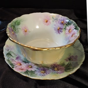 Gorgeous Tresseman & Vogt Limoges France Hand Painted Porcelain Bowl And Matching Saucer Signed W S Studio 08 RARE