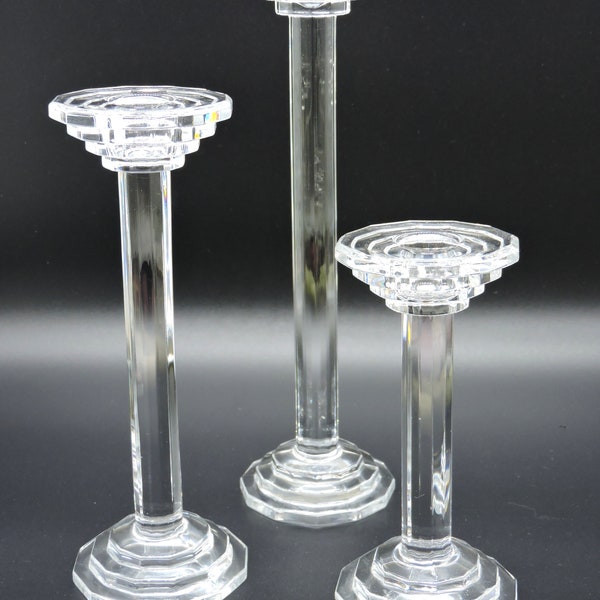 Toscany Collection 24% Lead Crystal Round Column Taper Candlestick Holders Trio
