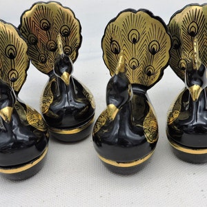 Set Of 4 Vintage Hand Painted Mini Peacock Lacquerware Trinket Boxes Black And Gold