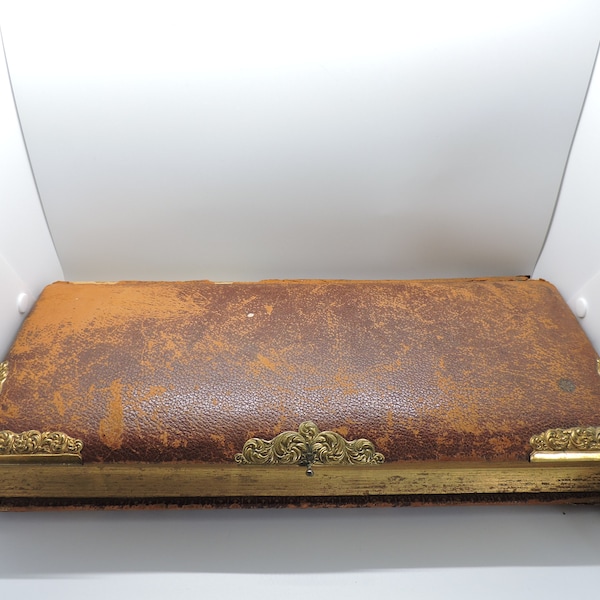 Antique 1800's Victorian Leather Photo / Cabinet Card Album With Ornate Brass Corners and Latch