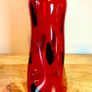 Hand Blown Ruby Red Art Glass Vase With Dark Accents, Pinched Glass and Bubbles 9.5”H