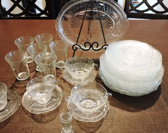 Hazel Atlas Royal Lace Clear Pressed Depression Glass Dinnerware Assortment Plates Platter Tumblers Cups 1934 - 1941