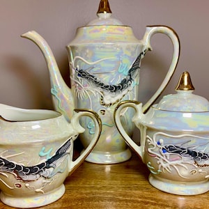 Vintage Japanese Dragonware Lusterware Tea Service For 6 With Hand Painted Raised Moriage Gold Trim And Lithophane Geishas