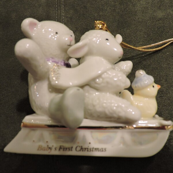 Lenox American By Design Baby's First Christmas Porcelain Ornament Sled With Bear Lamb And Duck