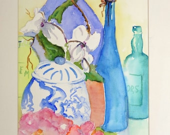 Original Still Life Watercolour Signed By Artist Nancy Pennington Framed and Matted 24" X 18"