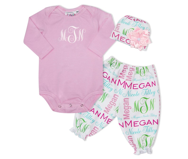 Personalized Baby Girl Monogram Light PinkGift for babyCustom Baby CapBaby ruffle pantsBaby BodysuitsBaby onesieBaby girl hat