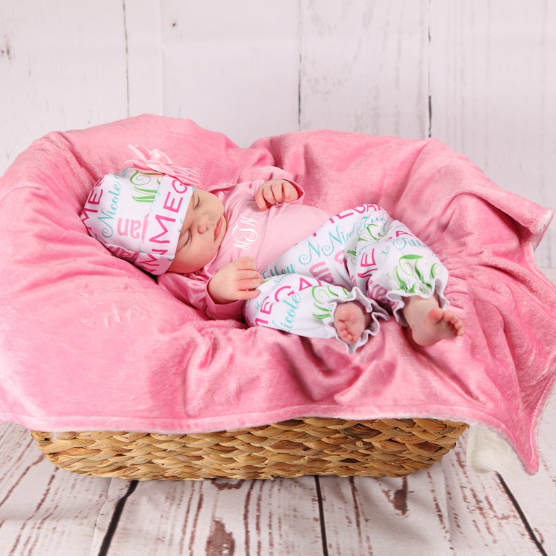 Personalized Baby Girl Monogram Light PinkGift for babyCustom Baby CapBaby ruffle pantsBaby BodysuitsBaby onesieBaby girl hat
