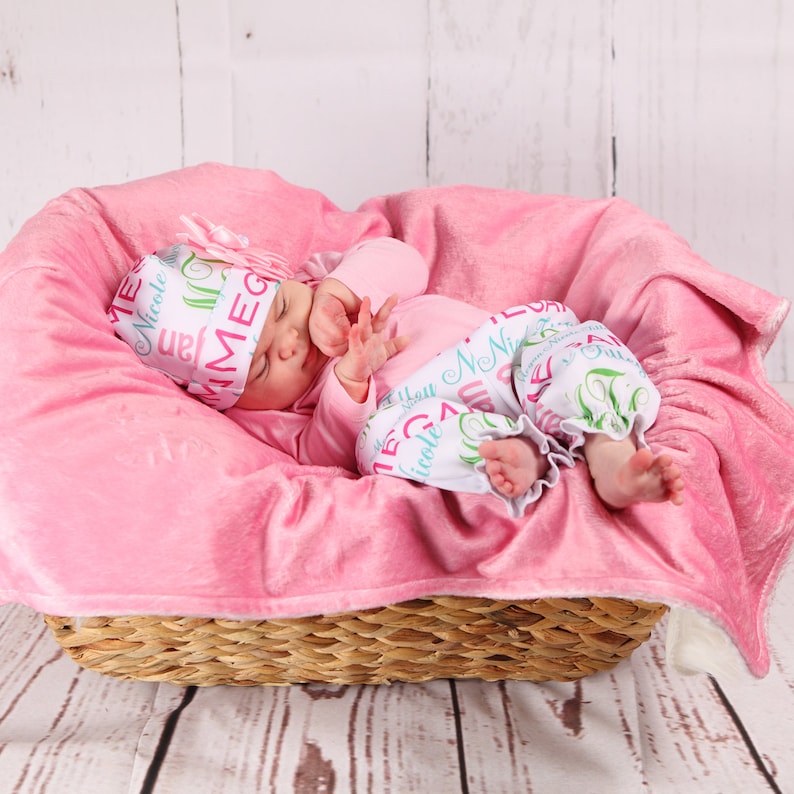 Personalized Baby Girl Monogram Light PinkGift for babyCustom Baby CapBaby ruffle pantsBaby BodysuitsBaby onesieBaby girl hat