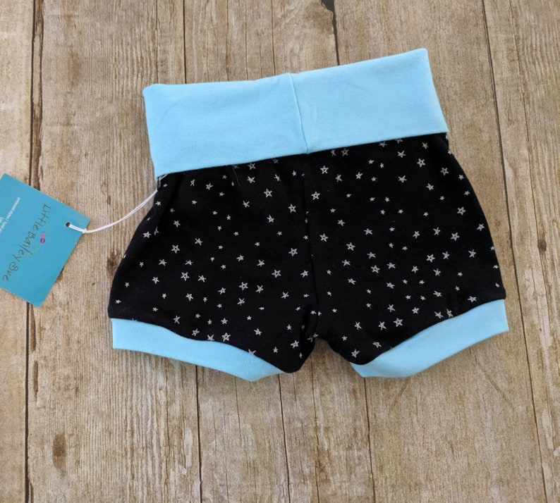 stretchy comfy relax summer clothing 6-9 months playtime cool yoga waistband foldover blue black white stars Baby shorts handmade