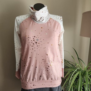ladies large pink and white with gold stars pullover cowl neck sweater, one of a kind handmade clothing, unique clothes winter fall