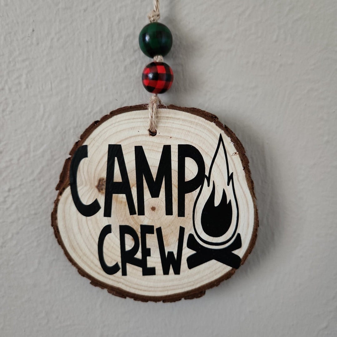 Camp Crew Wood Ornament With Bark and Wooden Beads, Camping Campfire ...