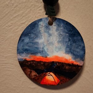 mountain outdoor camping watercolor scene ornament, Colorado Rocky Mountains, Christmas birthday present gift