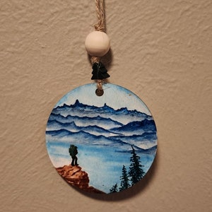 mountain outdoor hiking watercolor scene ornament, Colorado Rocky Mountains, Christmas birthday present gift