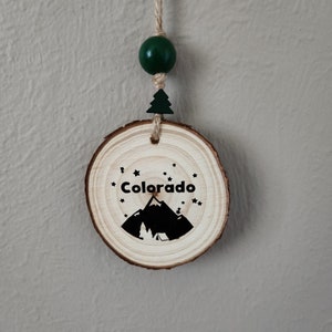 Colorado mountain wood ornament with bark and wooden beads, camping hiking traveling outdoors, gift present birthday Christmas