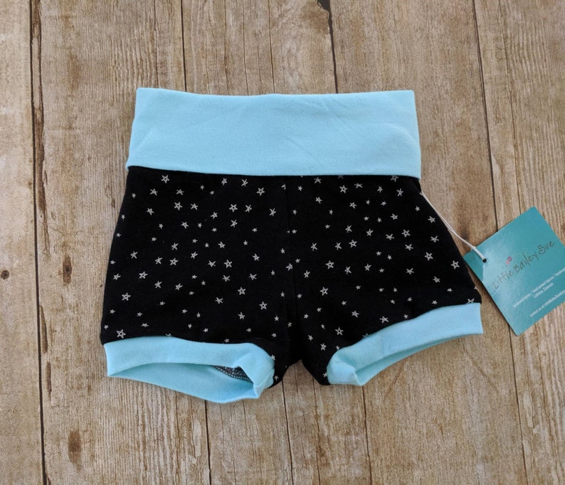 stretchy comfy relax summer clothing 6-9 months playtime cool yoga waistband foldover blue black white stars Baby shorts handmade