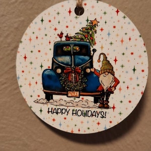 Happy Holidays vintage car gnome ornament, present gift