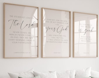 Set of 3 Christian Wall Art, Bible Verse Decor, Scripture Prints, Gift for Religious Home, Lamentations 3:22-23, Isaiah 41, Psalm 34, Gift