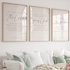 Set of 3 Christian Wall Art, Bible Verse Decor, Scripture Prints, Gift for Religious Home, Lamentations 3:22-23, Isaiah 41, Psalm 34, Gift