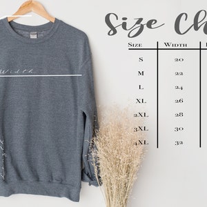 May include: Size chart for a sweatshirt with measurements in inches for width, length, and sleeve length. Sizes range from S to 4XL.