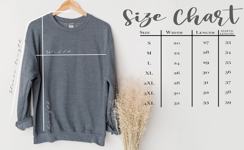 May include: Size chart for a sweatshirt with measurements in inches for width, length, and sleeve length. Sizes range from S to 4XL.