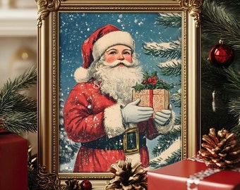Vintage kerstdecor - digitale download kerstman Art Print - primitieve rustieke muurkunst manteldecoratie boerderij Cottagecore retro poster
