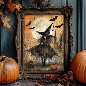 Decoración de Halloween - Hermosa decoración de repisa de pared con bruja gitana - Estética rústica cottagecore - Arte imprimible Descarga digital Impresión
