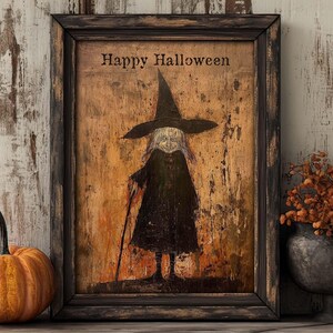 Primitive Witch Happy Halloween Decor - Rustic Wall Mantle Decoration - Rustic Cottagecore Aesthetic - Printable Art Digital Download Print