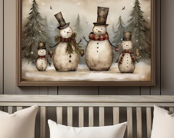 Kerst primitieve sneeuwpop familie afdrukbare kunst - digitale download print 5 maten tot 24 x 36 op 300 dpi klaar voor gebruik decoratie voor de feestdagen