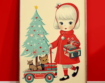 Retro kerstmuurdecoratie uit het midden van de eeuw afdrukbare kunst - digitale download print 5 maten tot 24 x 36 op 300 dpi klaar voor gebruik decoratie voor de feestdagen