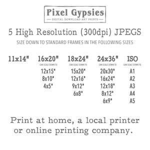 Op de afbeelding: Een tabel met vijf verschillende formaten digitale kunstprints die beschikbaar zijn om te downloaden. De formaten zijn 11x14 inch, 16x20 inch, 18x24 inch, 24x36 inch en ISO-formaten A1 tot en met A5. De tabel geeft ook aan dat de prints kunnen worden geschaald naar kleinere formaten.