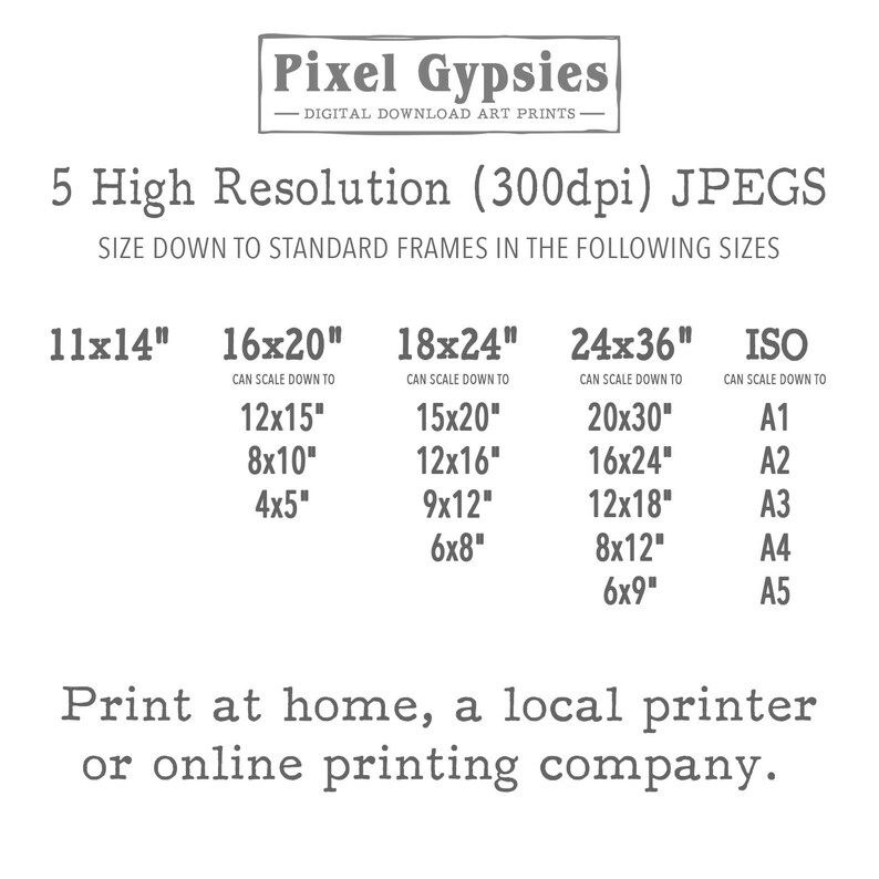 Op de afbeelding: Een tabel met vijf verschillende formaten digitale kunstprints die beschikbaar zijn om te downloaden. De formaten zijn 11x14 inch, 16x20 inch, 18x24 inch, 24x36 inch en ISO-formaten A1 tot en met A5. De tabel geeft ook aan dat de prints kunnen worden geschaald naar kleinere formaten.