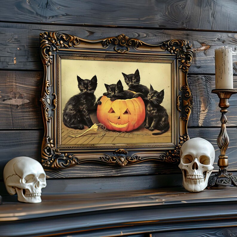 Vintage Victorian Primitive Halloween Decor - Black Cat Jack O Lantern ...
