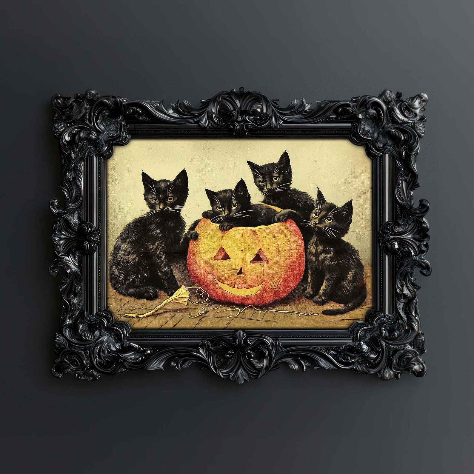 Vintage Victorian Primitive Halloween Decor - Black Cat Jack O Lantern ...