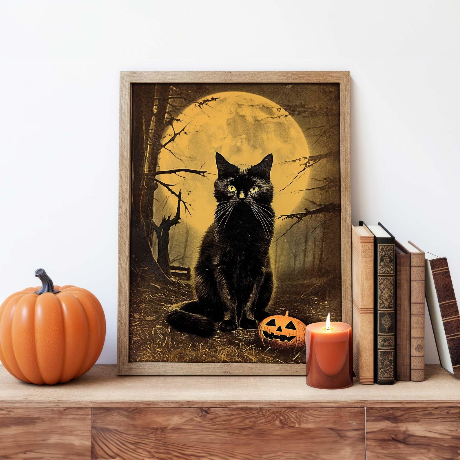 Black Cat Full Moon Halloween Decor - Rustic Eerie Spooky Mantle Wall ...