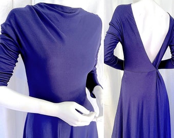 70s HALSTON Dress, 1970s Minimalist Party Dress, Blue Jersey Wrap Dress, Roy Halston Dress, Bare Back Cut Out Dress, 70s Vintage Couture