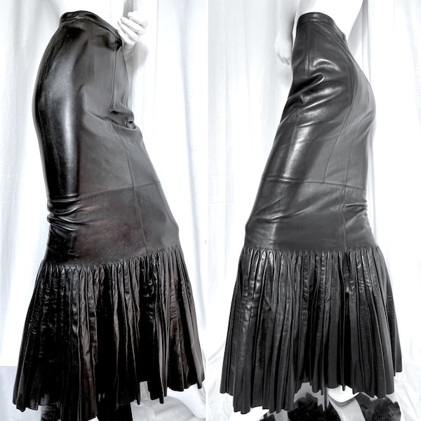 90s ALAIA Leather Maxi, Azzedine ALAIA Leather Mermaid Skirt, Black Leather Maxi Skirt, Y2K Avant Garde Couture, Fishtail Hem Gothic Leather