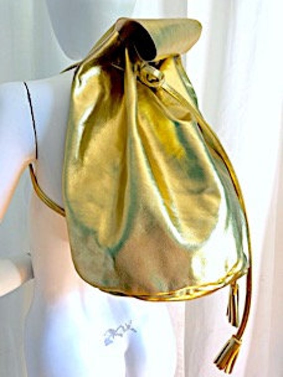 Y2K Hobo Bag, 90s METALLIC GOLD LEATHER Backpack,… - image 3