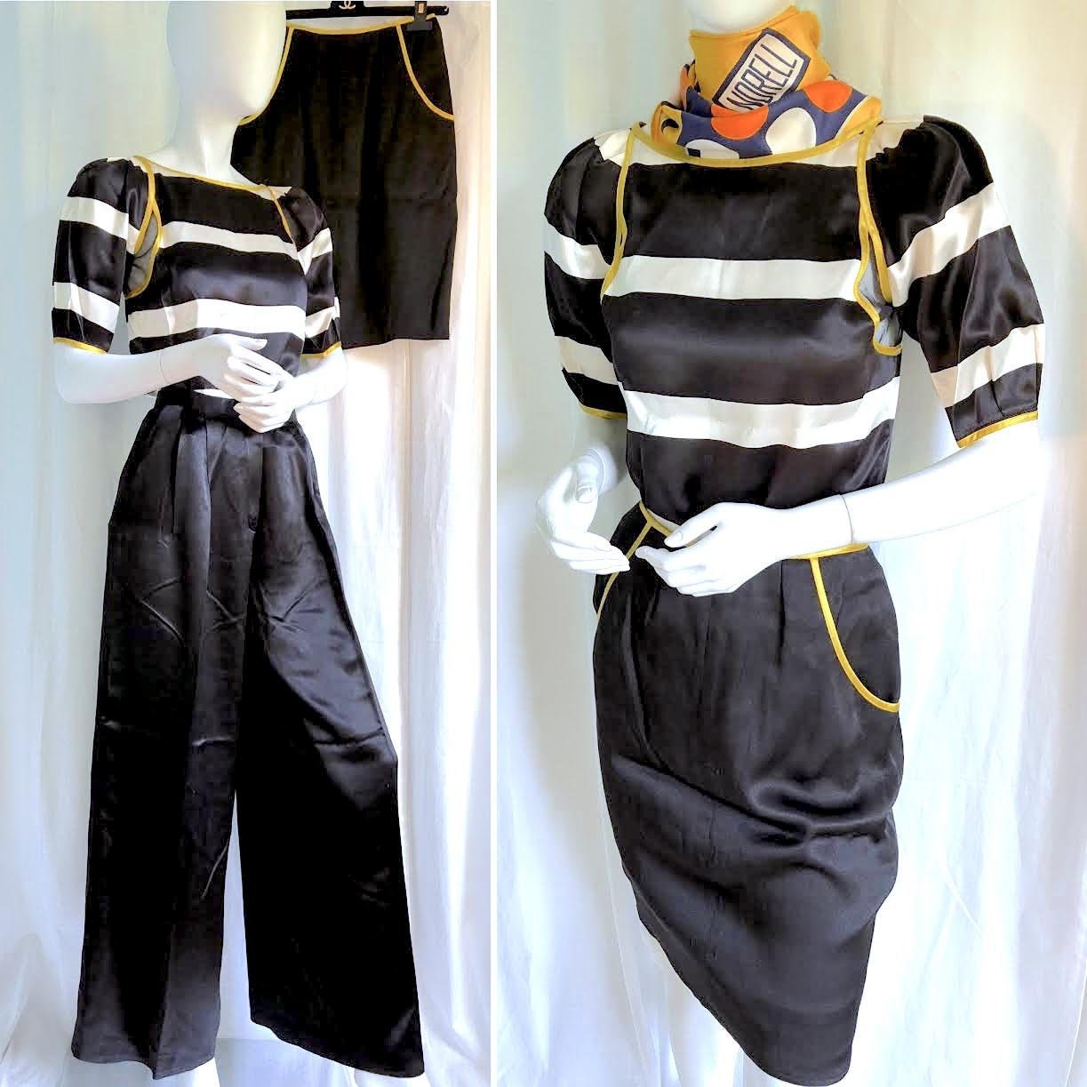 GEOFFREY BEENE, 90s Wide Leg Silk Pants, 1990s Statement Sleeve Top, 80s Couture, Black SATIN High Waist Pant, Nautical Stripe, Resort Chic