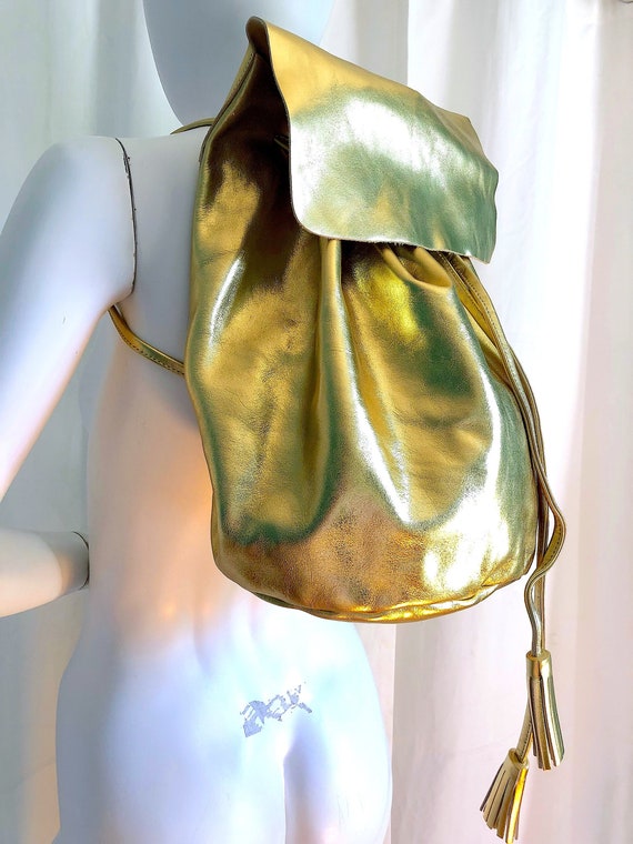 Y2K Hobo Bag, 90s METALLIC GOLD LEATHER Backpack,… - image 1