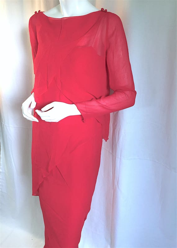 70s BILL BLASS Dress, Red Silk Chiffon Midi Dress,