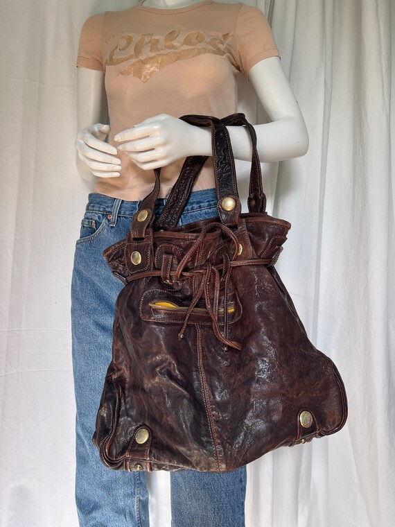 Y2K Hobo Bag, 90s METALLIC GOLD LEATHER Backpack,… - image 6